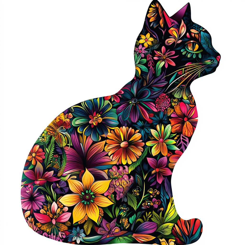 Colorful floral cat silhouette clipart for vibrant T-shirt design.