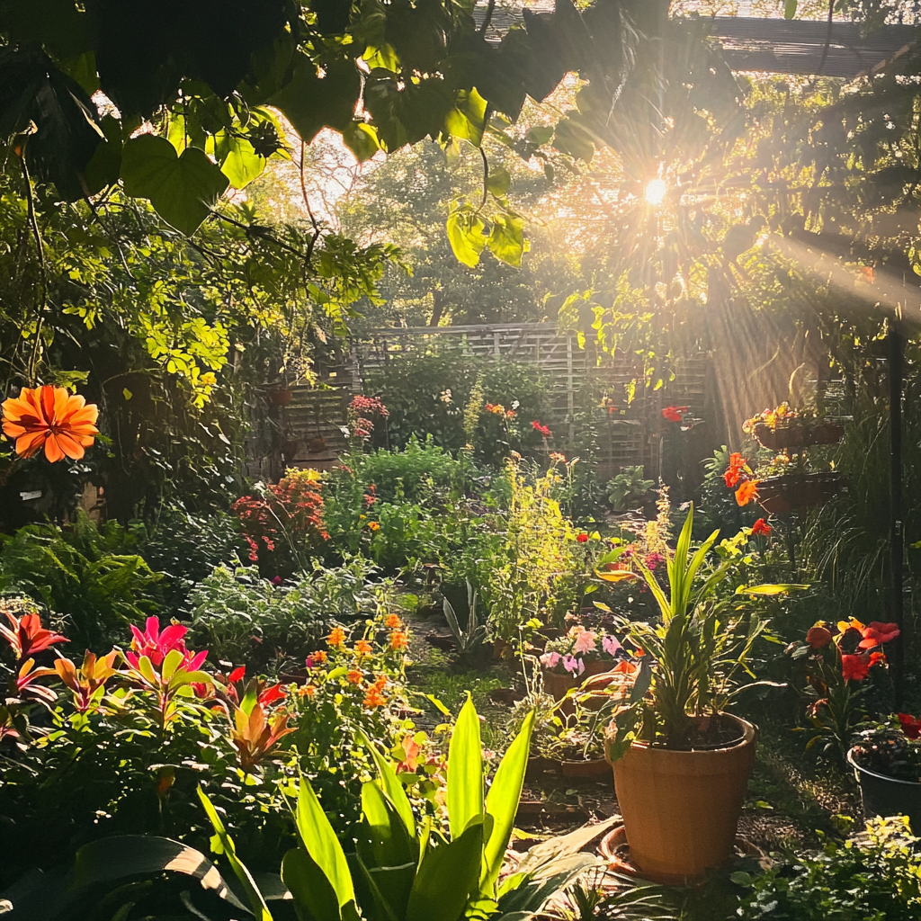 Colorful garden with thriving plants under warm sun.