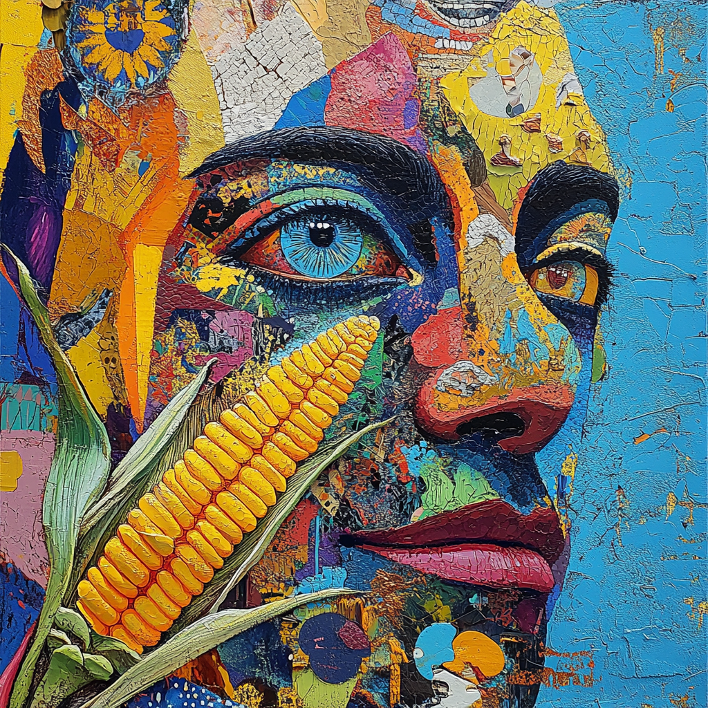 Colorful geometric graffiti of corn with Egyptian symbols.