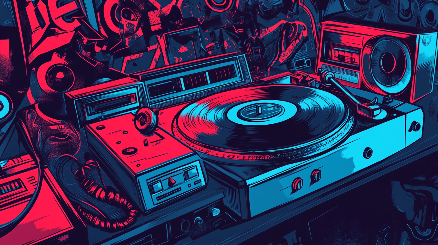 Colorful illustration of urban music scene with hip-hop theme.