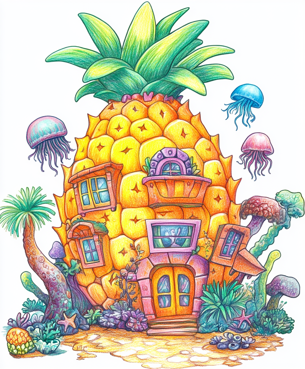 Colorful pineapple house drawing for Spongebob fans on t-shirt.