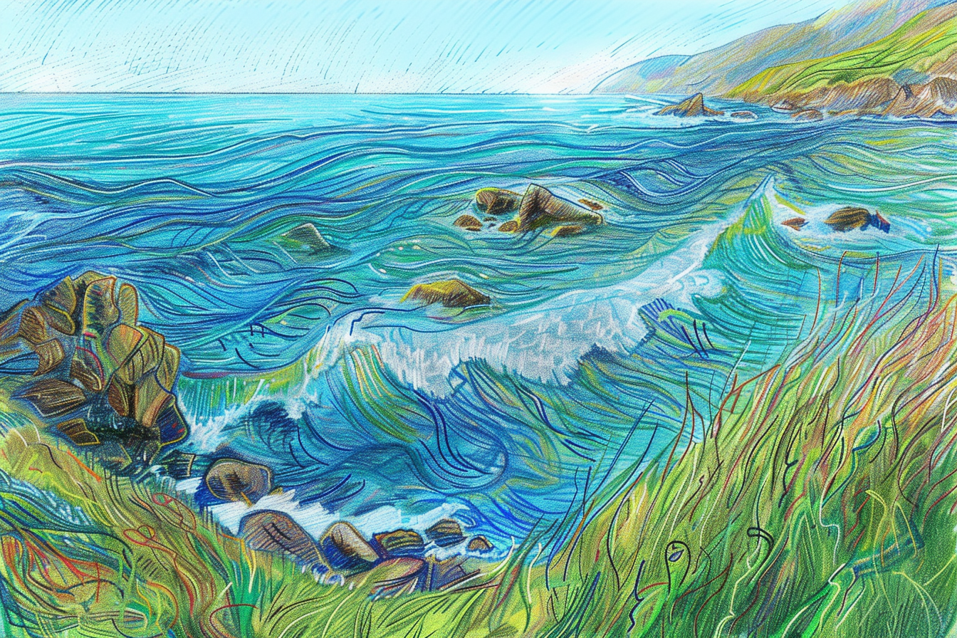 Colorful sketch of coastal scene with bold lines, vibrant colors.