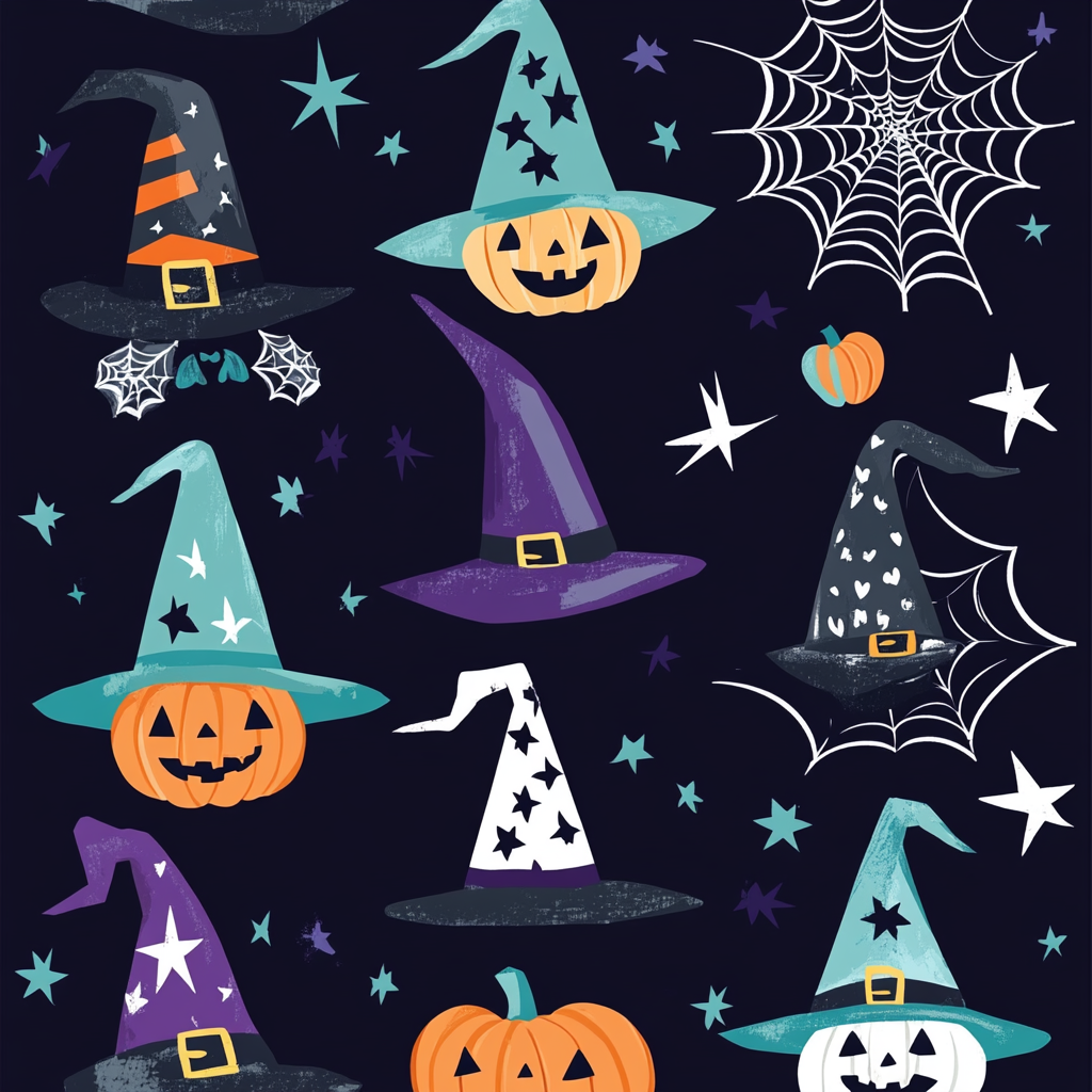 Colorful witch hats, pumpkins, and spiderwebs in diamond grid.