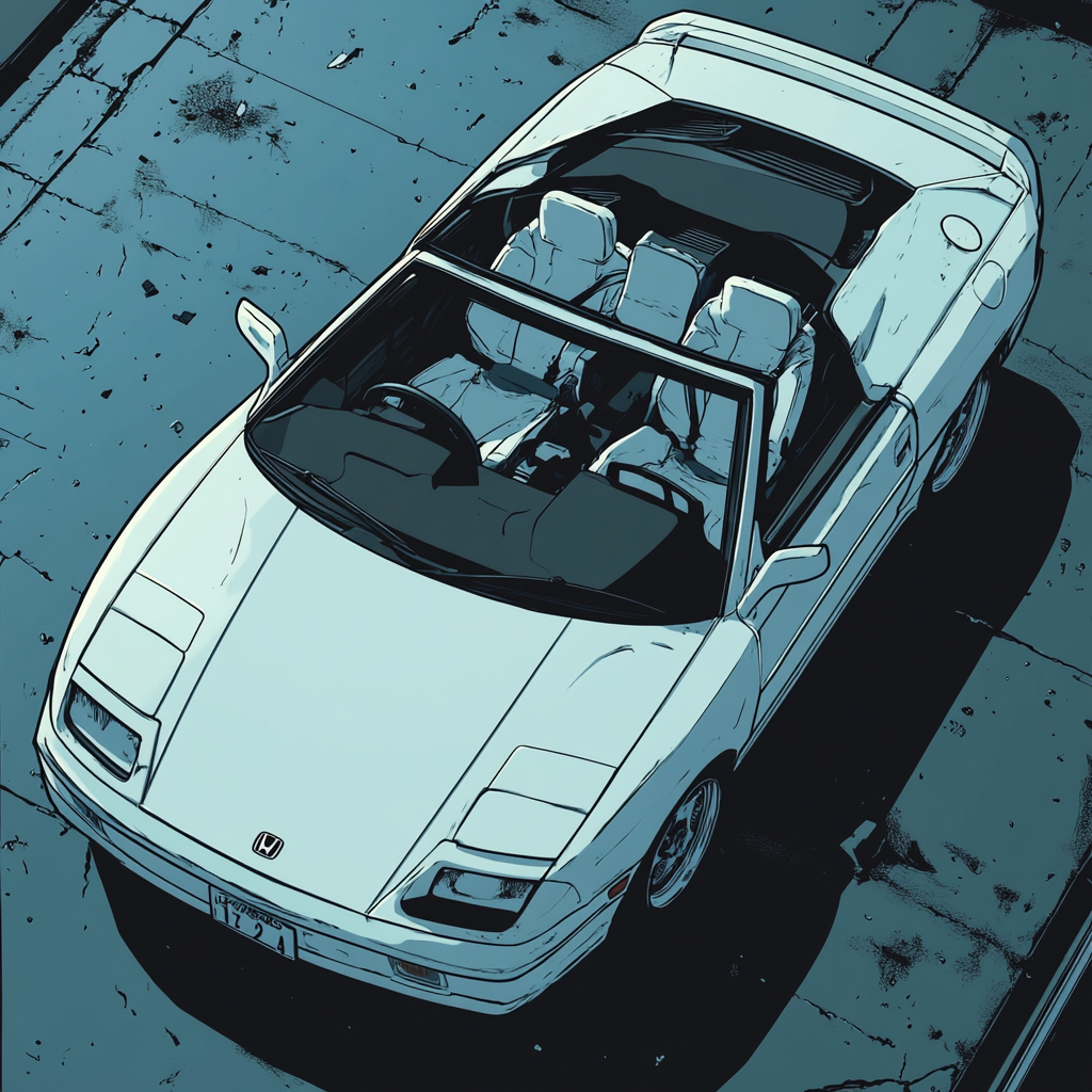 Comic-style white Honda illustration, seat open, midnight view.