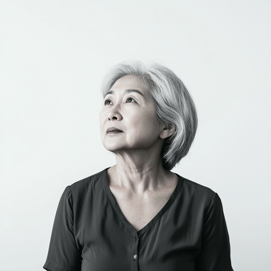 Confident 59-Year-Old Asian Woman Full Body Profile Black and White Nikon Photo