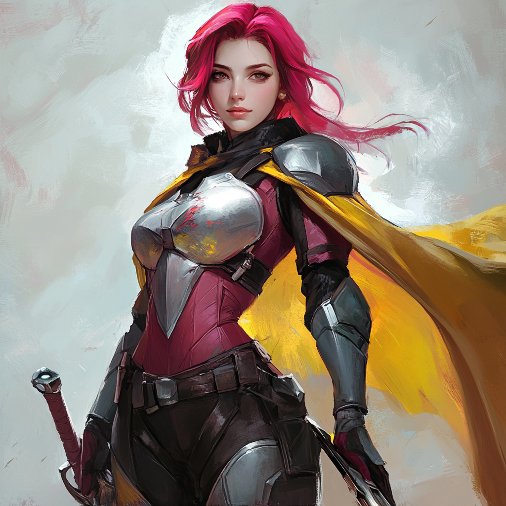 Confident female warrior in pink cape holding weapon.