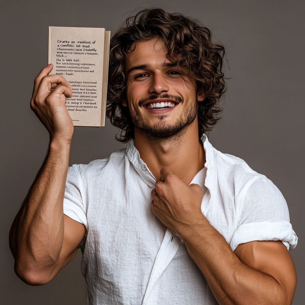 Confident man with perfect hair, smiling happily. Book mockup.