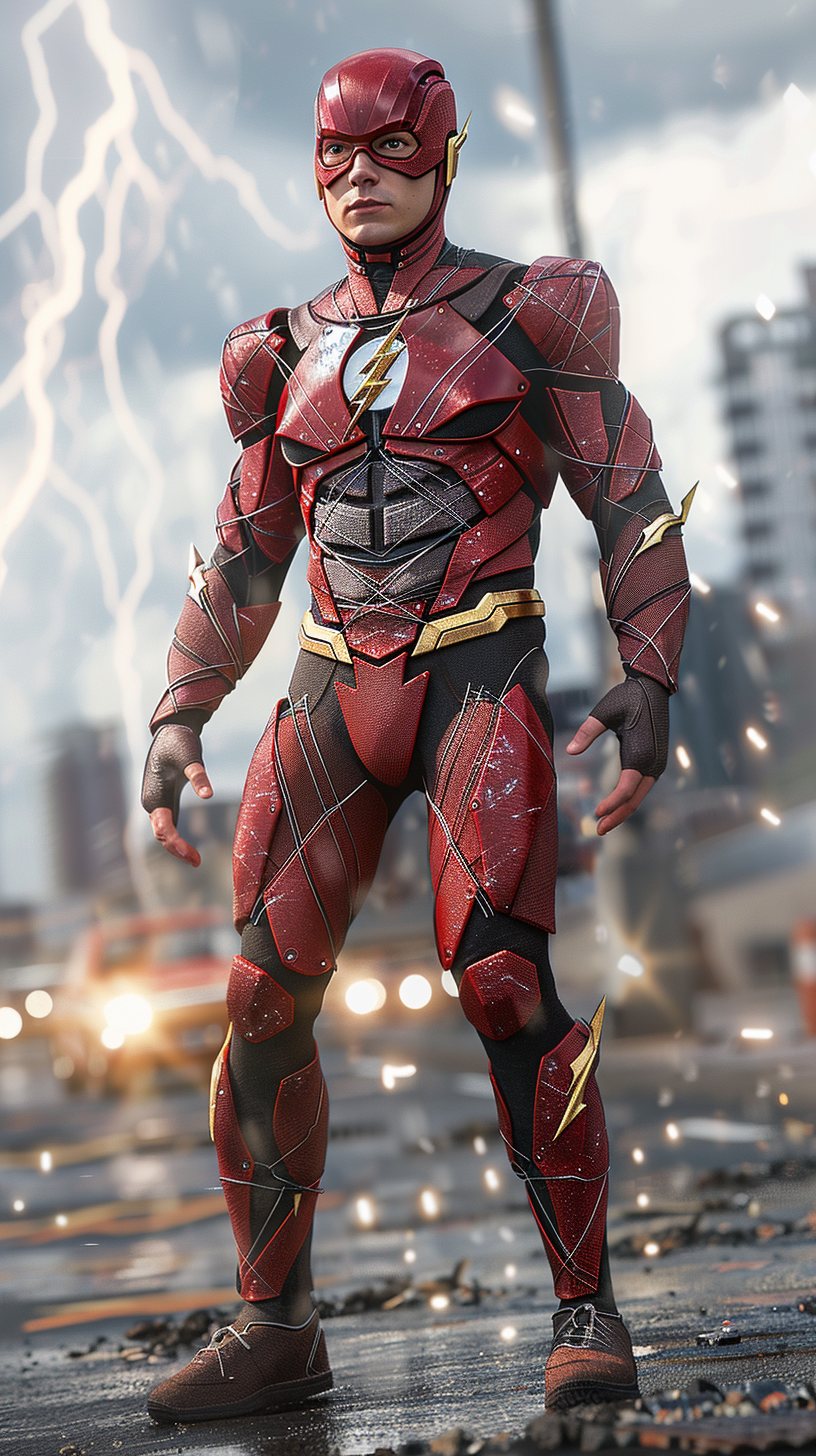 Confident unmasked Flash in red lightning suit ready to dash.