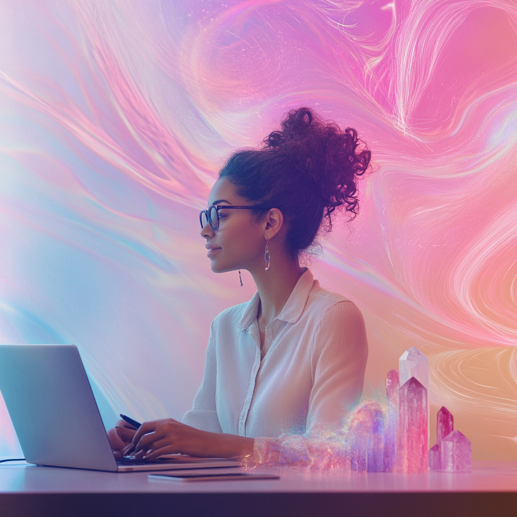 Confident woman entrepreneur at minimalist desk in flowing energy.