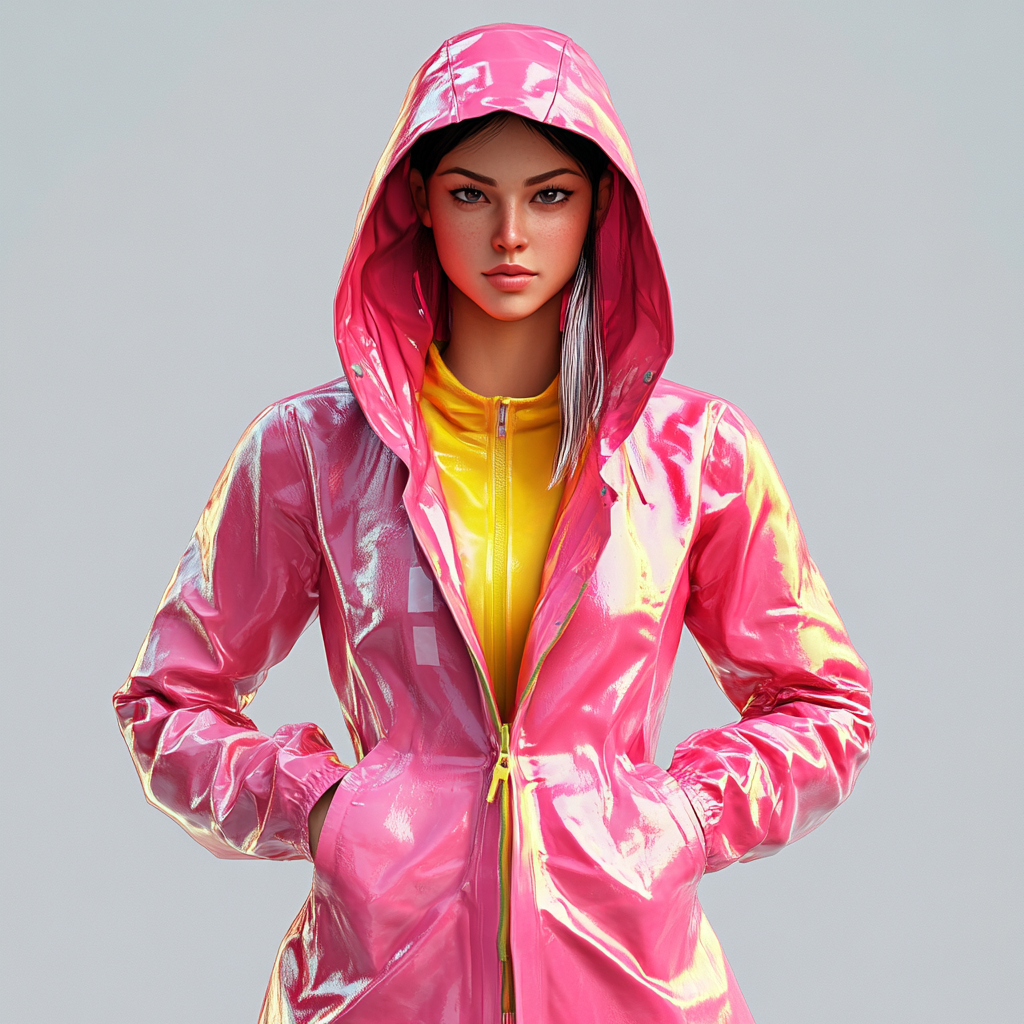 Confident woman in pink raincoat in attack pose.