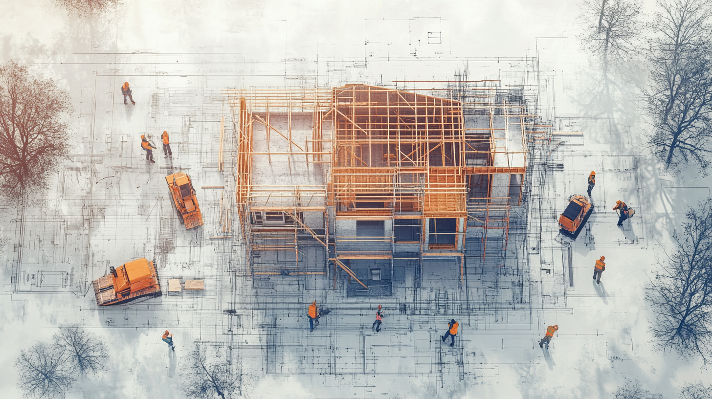 Construction site with workers and blueprints in professional style.