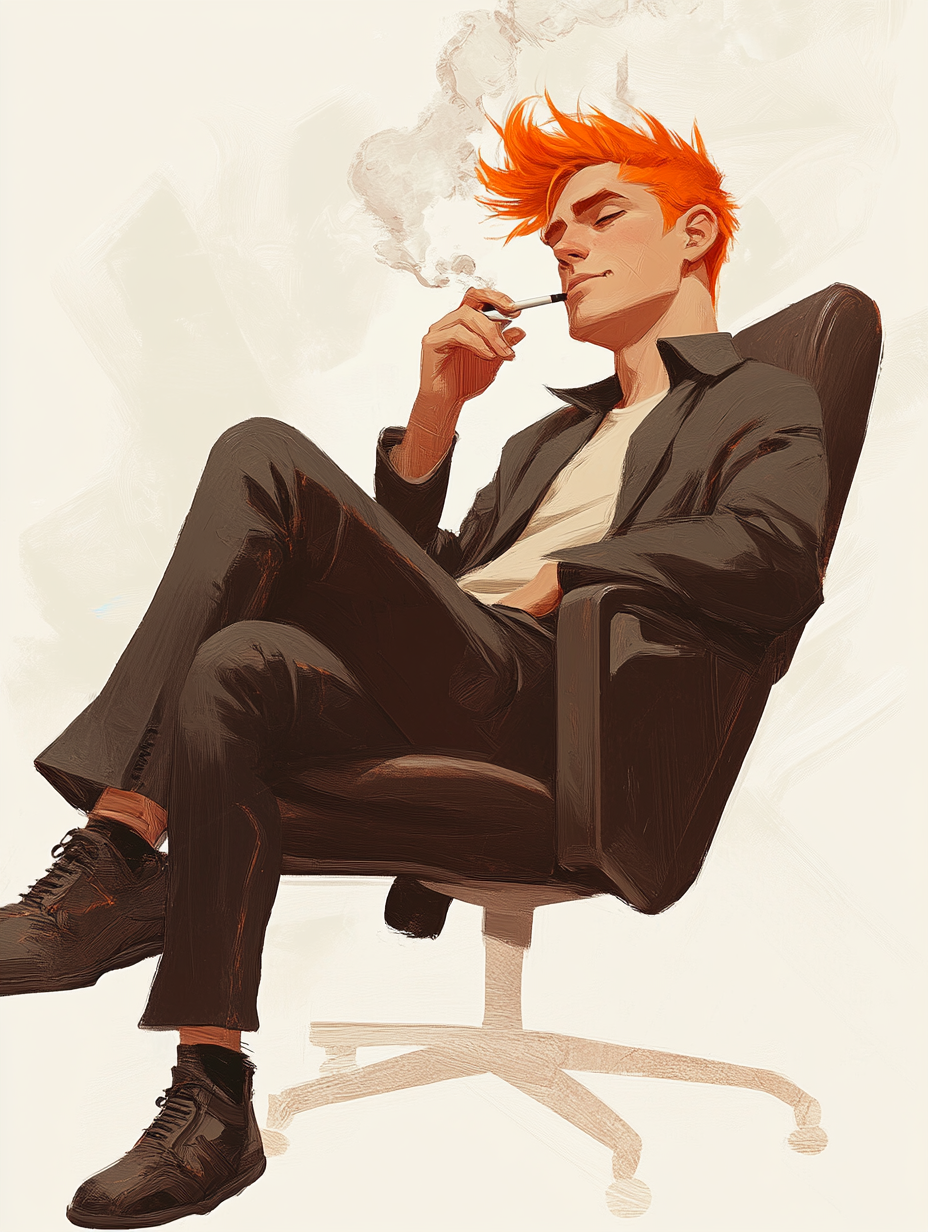 Cool man sitting in chair smoking, orange hair.