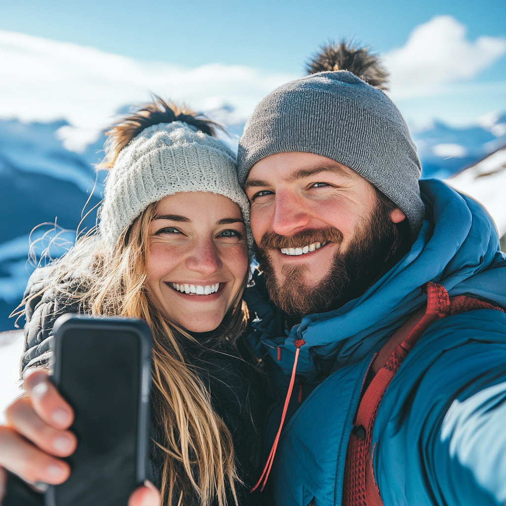 Couple in mountains taking selfie with emotional faces.