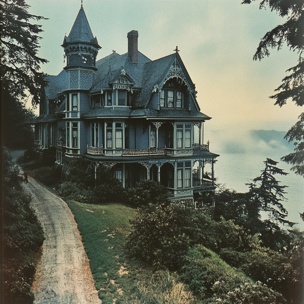 Cover of 1980s book featuring eerie Victorian manor.