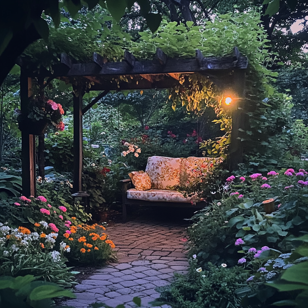 Cozy garden nook with comfortable seating, lush greenery, colorful flowers, peaceful ambiance at dusk with iPhone 15 Pro. 