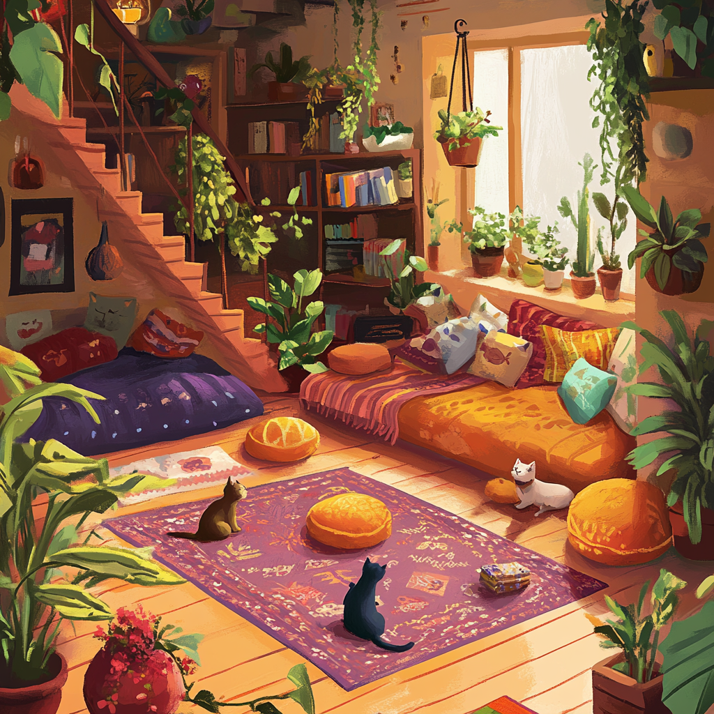 Cozy living room with colorful rugs, pillows, plants, cats.