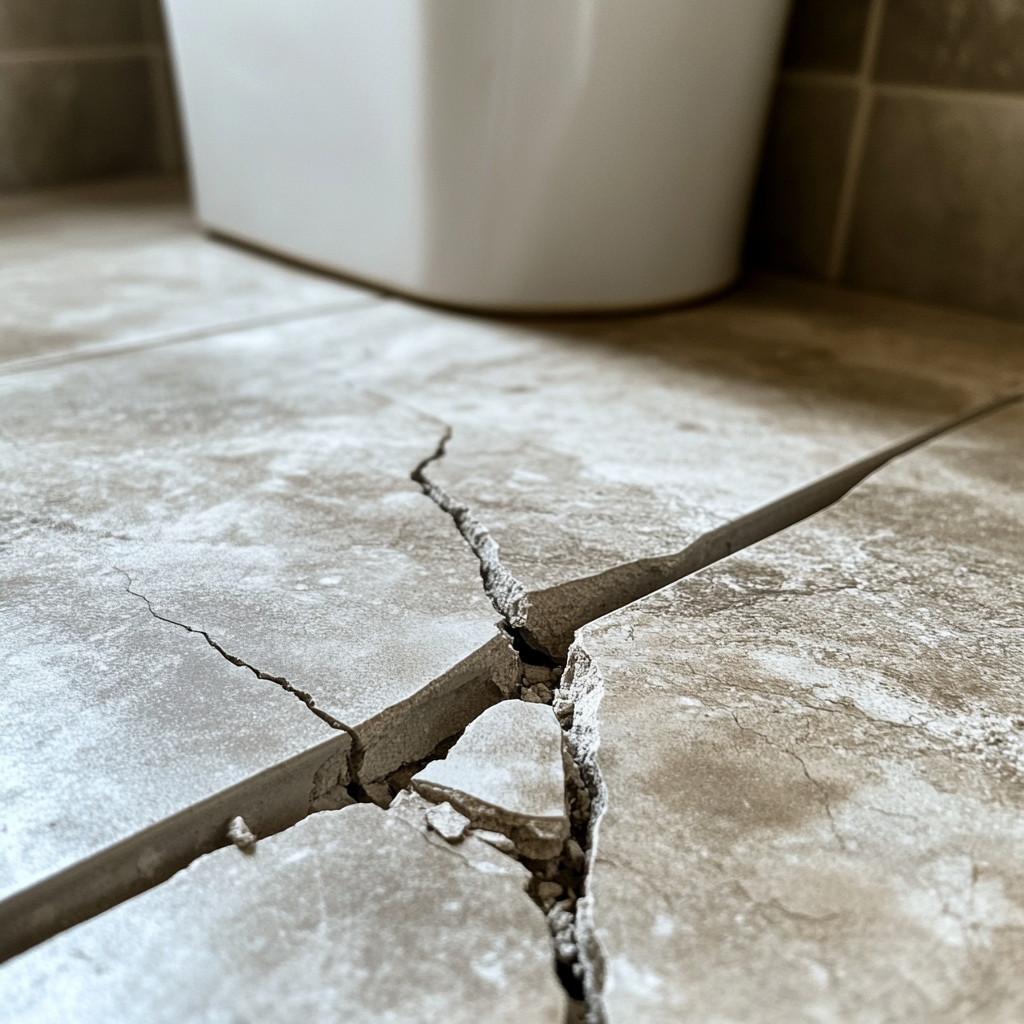 Cracked ceramic tiles in a bathroom, debris visible.