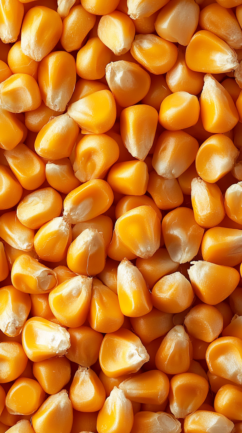 Cracked corn kernels for animal and poultry feed. Bright, fresh, contemporary.