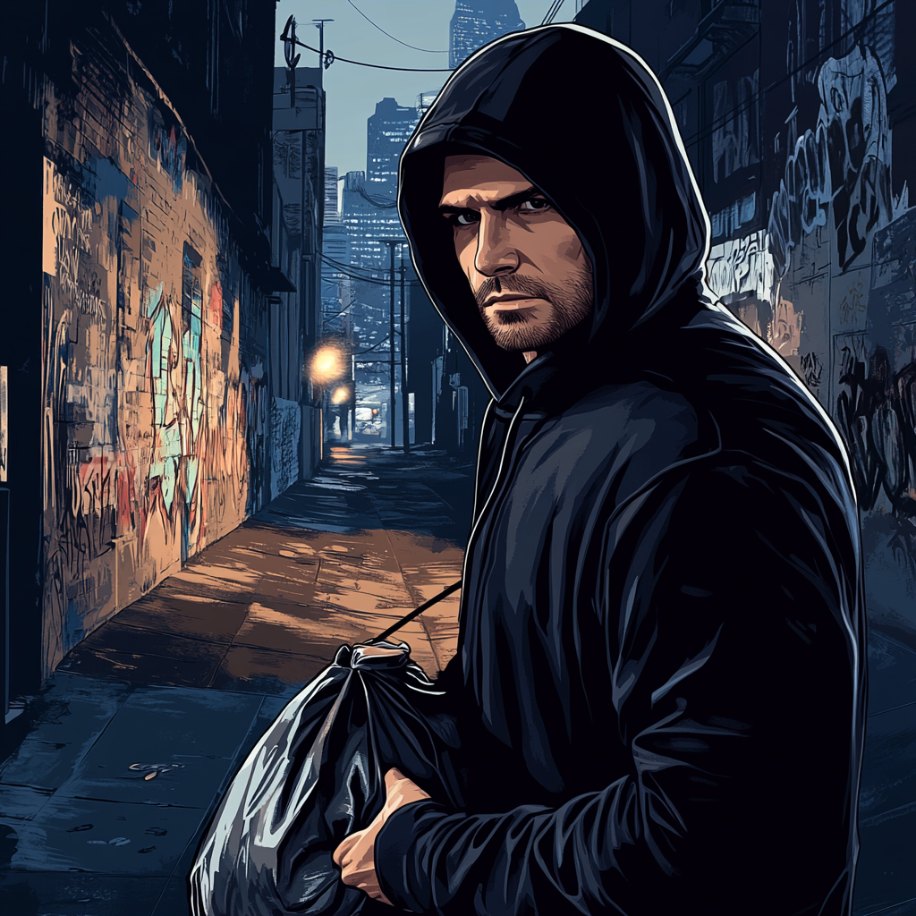 Criminal in hoodie navigating alley with stolen goods.