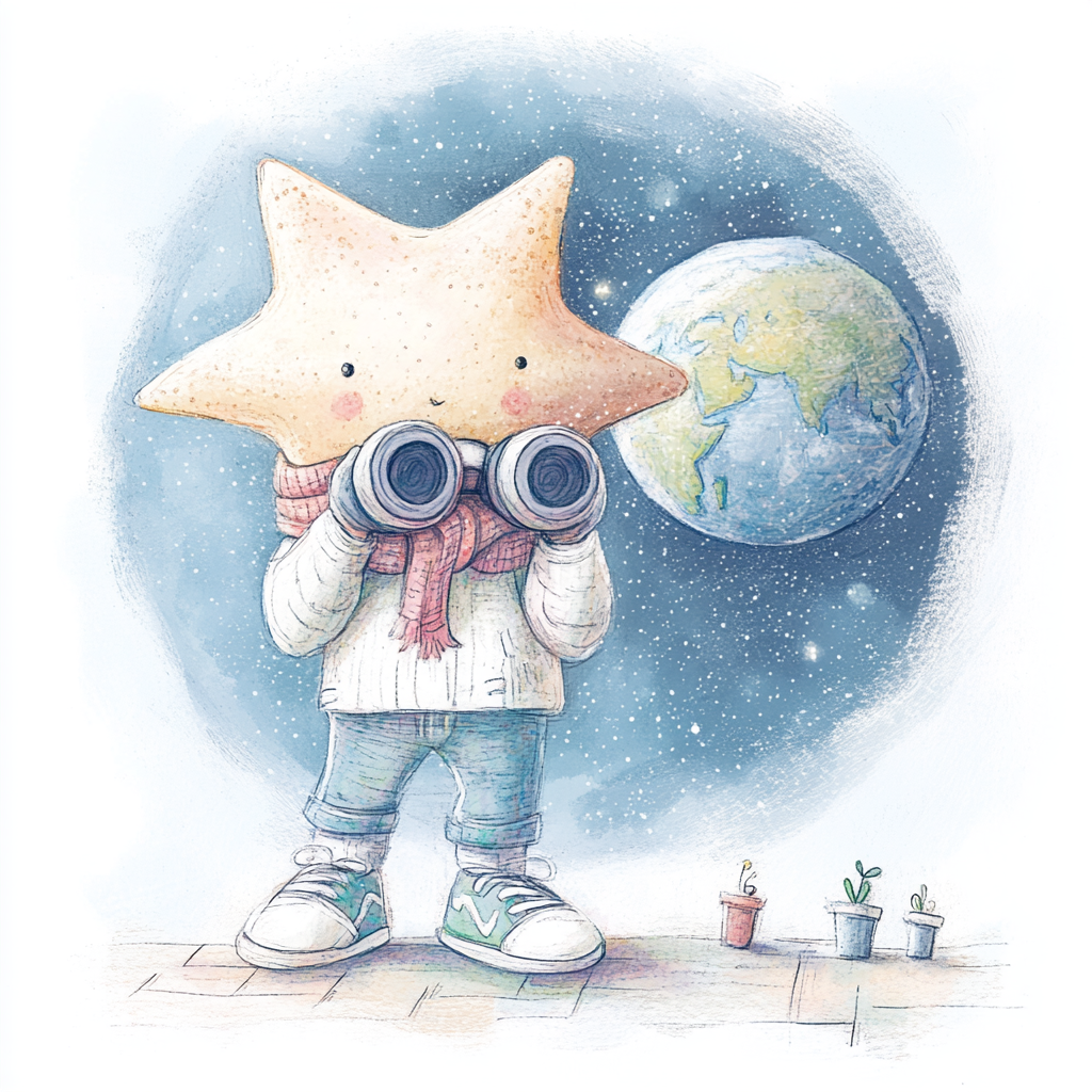 Curious star in scarf and sports shoes looking at Earth.