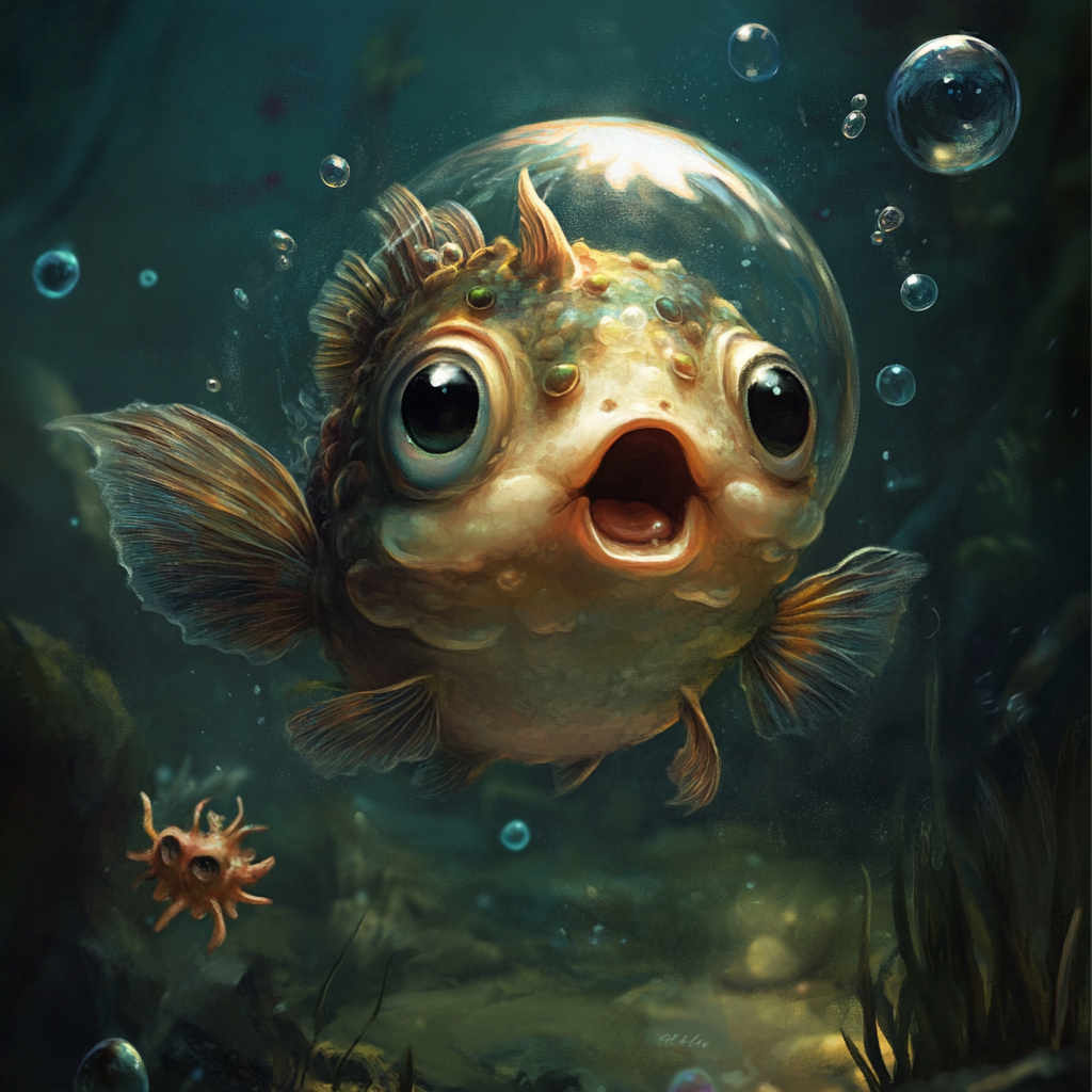 Cute Baby Pufferfish Blowing Giant Bubble, Underwater Scene.