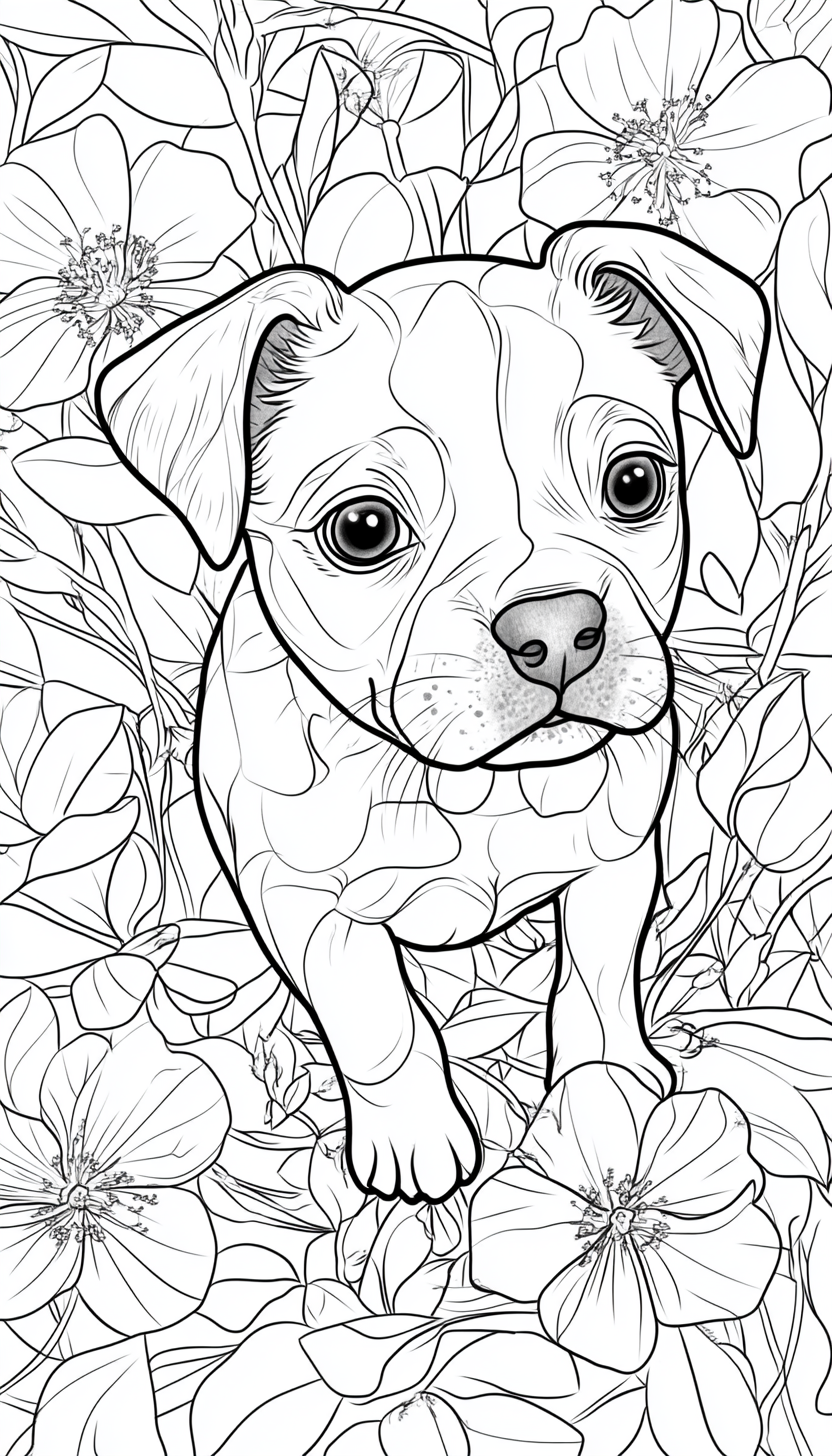 Cute Blue Heeler Puppy Coloring Page in Field of Flowers