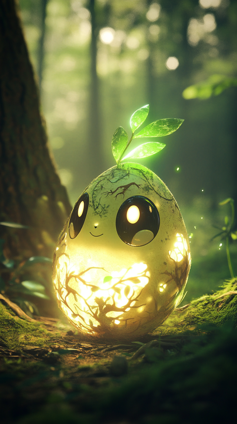 Cute Chikorita hatching from enchanted egg in forest.