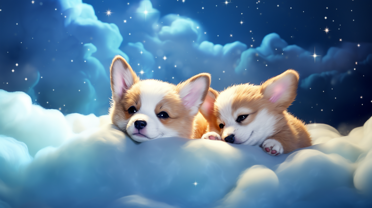 Cute Corgi Puppies Sleeping on Clouds Anime Style