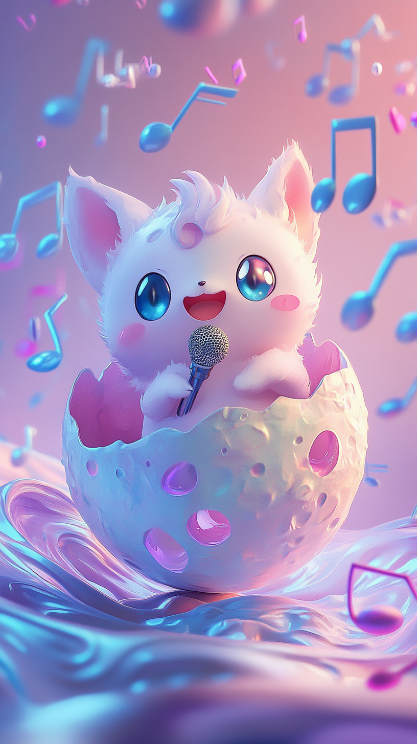 Cute Jigglypuff baby hatching from pastel egg with music.