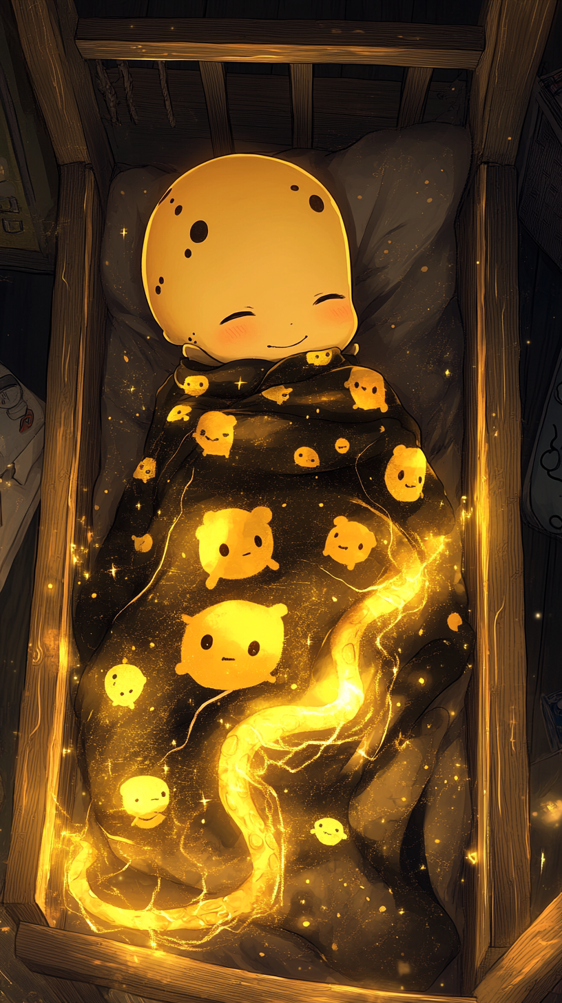 Cute baby Koro-sensei sleeping peacefully in crib.