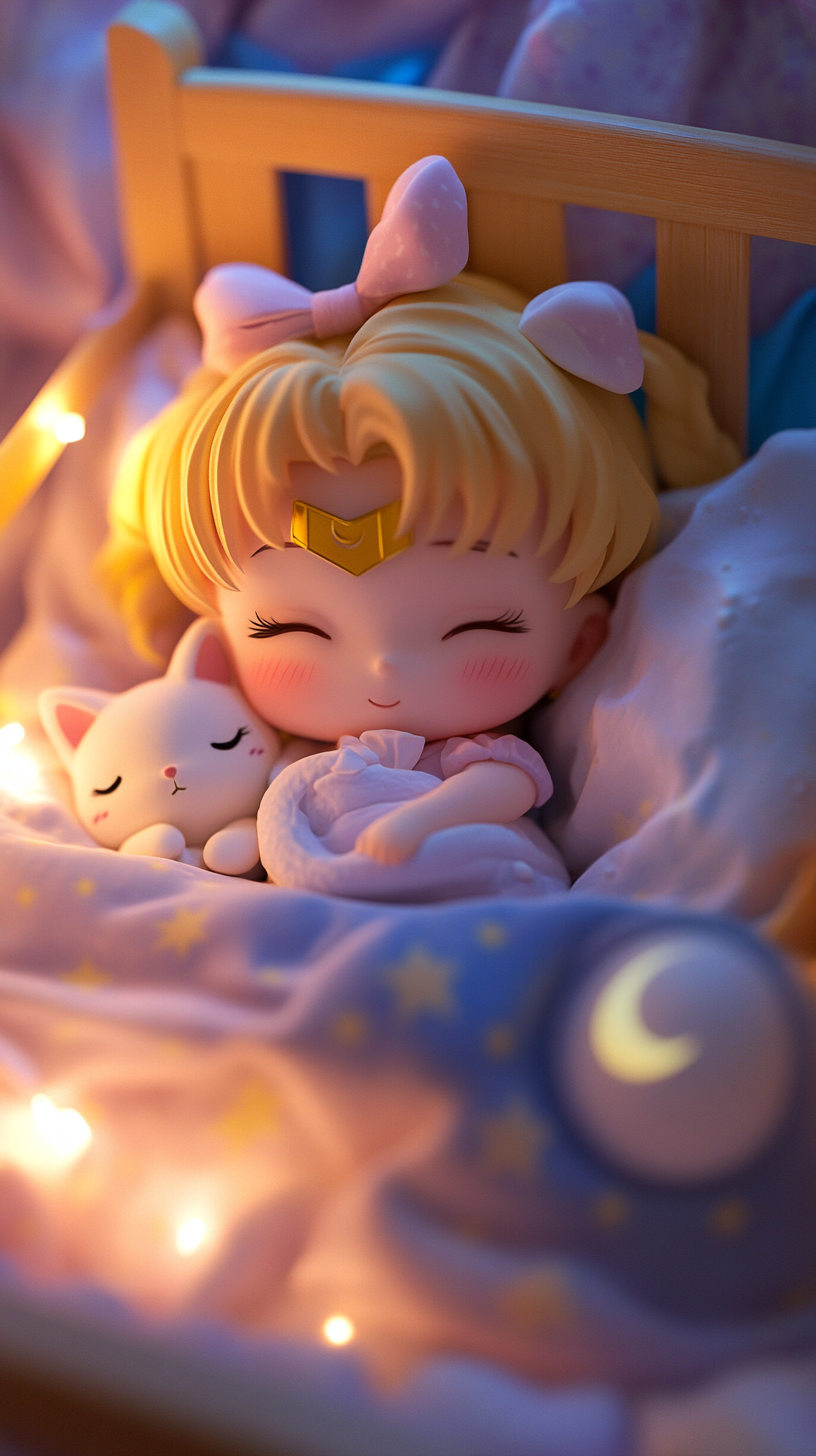 Cute baby Sailor Moon sleeping in cozy crib.