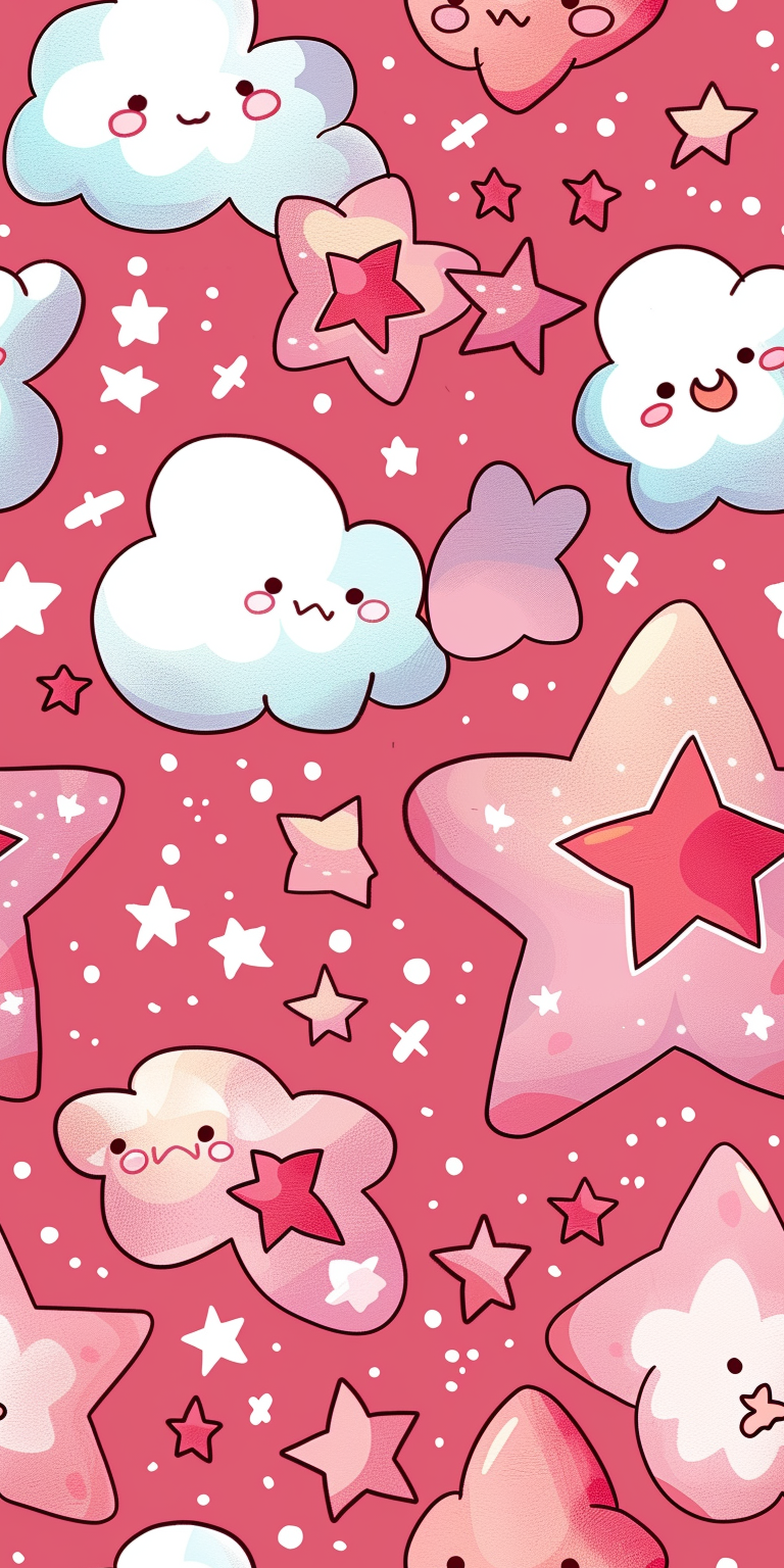 Cute kawaii details with chubby stars and hearts.