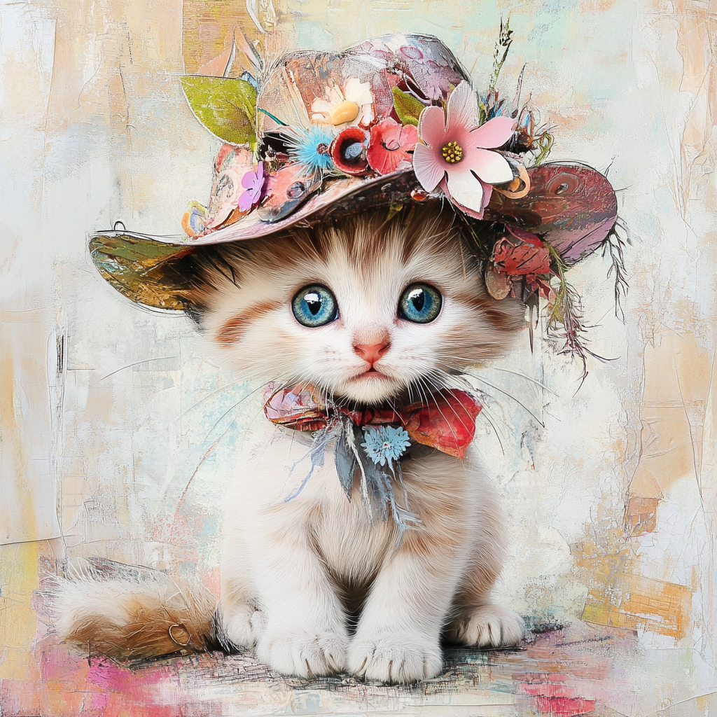 Cute kitten with quirky hat in collage art.