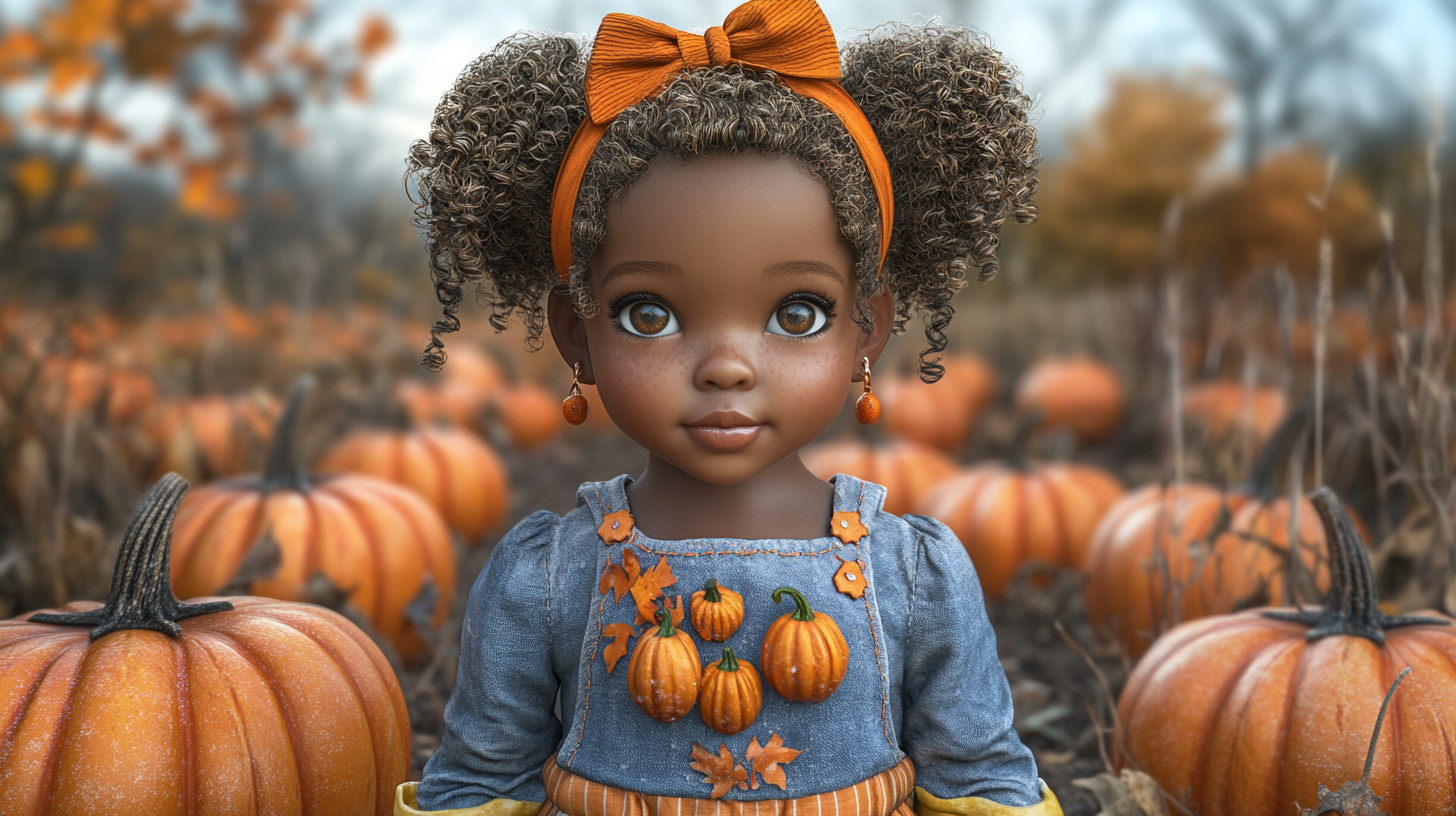 Cute little girl with pumpkin themed outfit, pixar style.