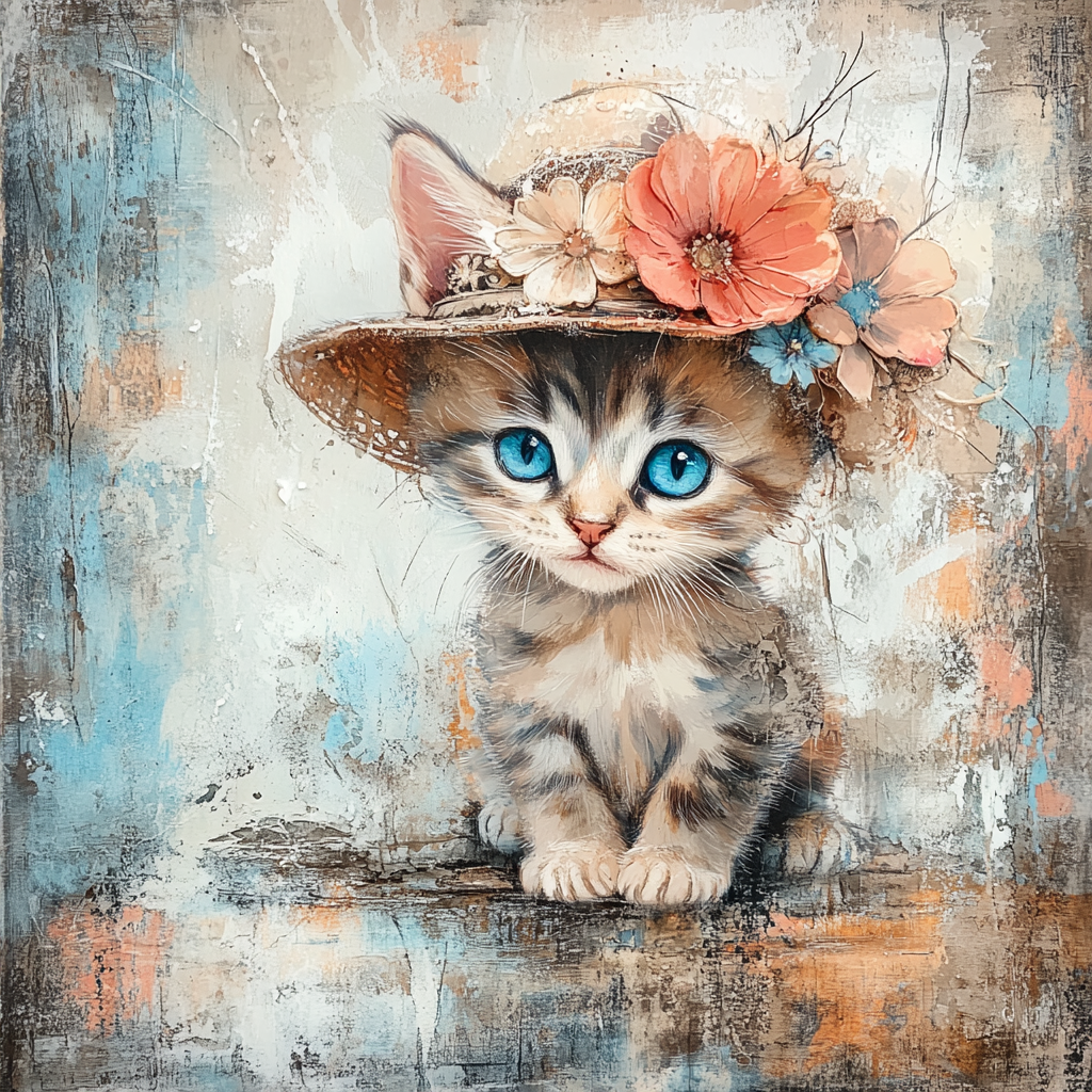 Cute tabby kitten in quirky hat, torn paper pieces.