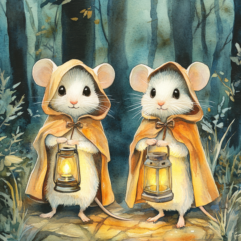 Cute white mice in capes pose with lantern.