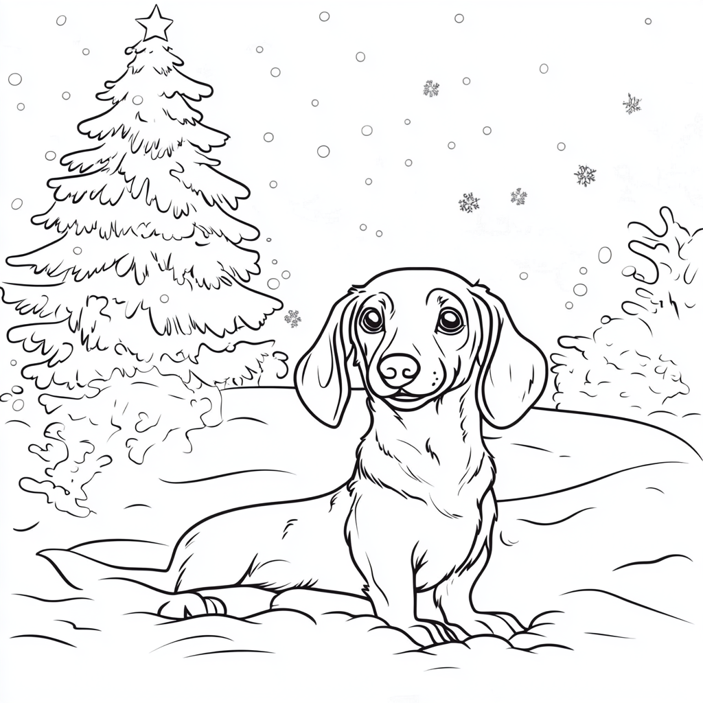 Dachshund playing in snow with Christmas tree in background.