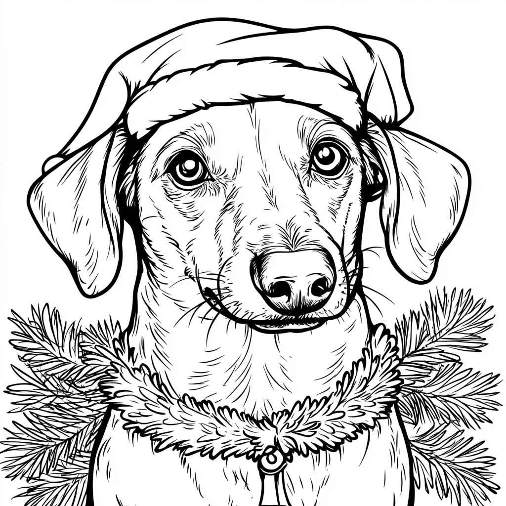 Dachshund with christmas hat on, coloring book page.