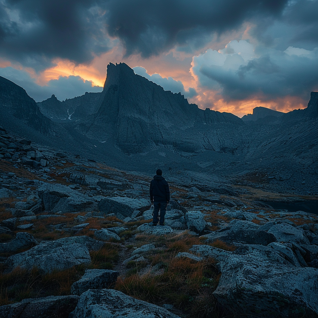 Dark, moody cinematic photo of hiker in distance.