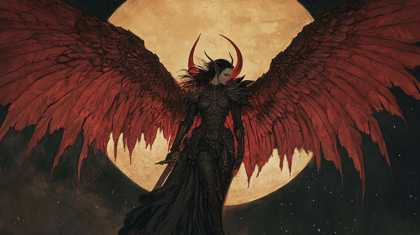 Dark armored angel with red and seraph wings flying.