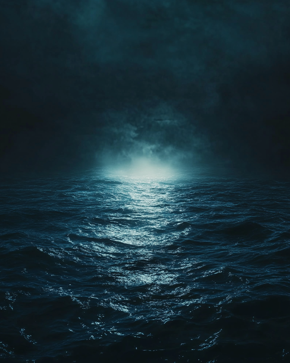 Dark cinematic night in deep black ocean depths.