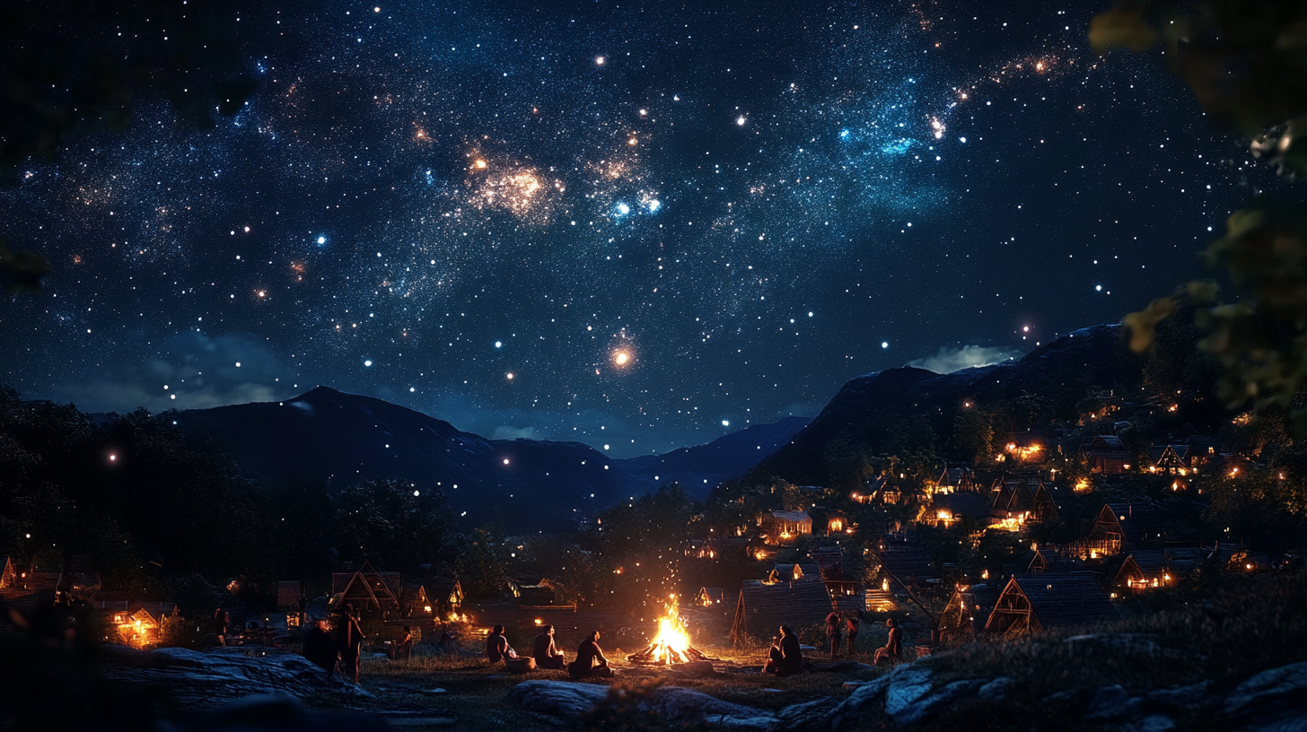 Dark galaxy night sky with village campfire storytelling.