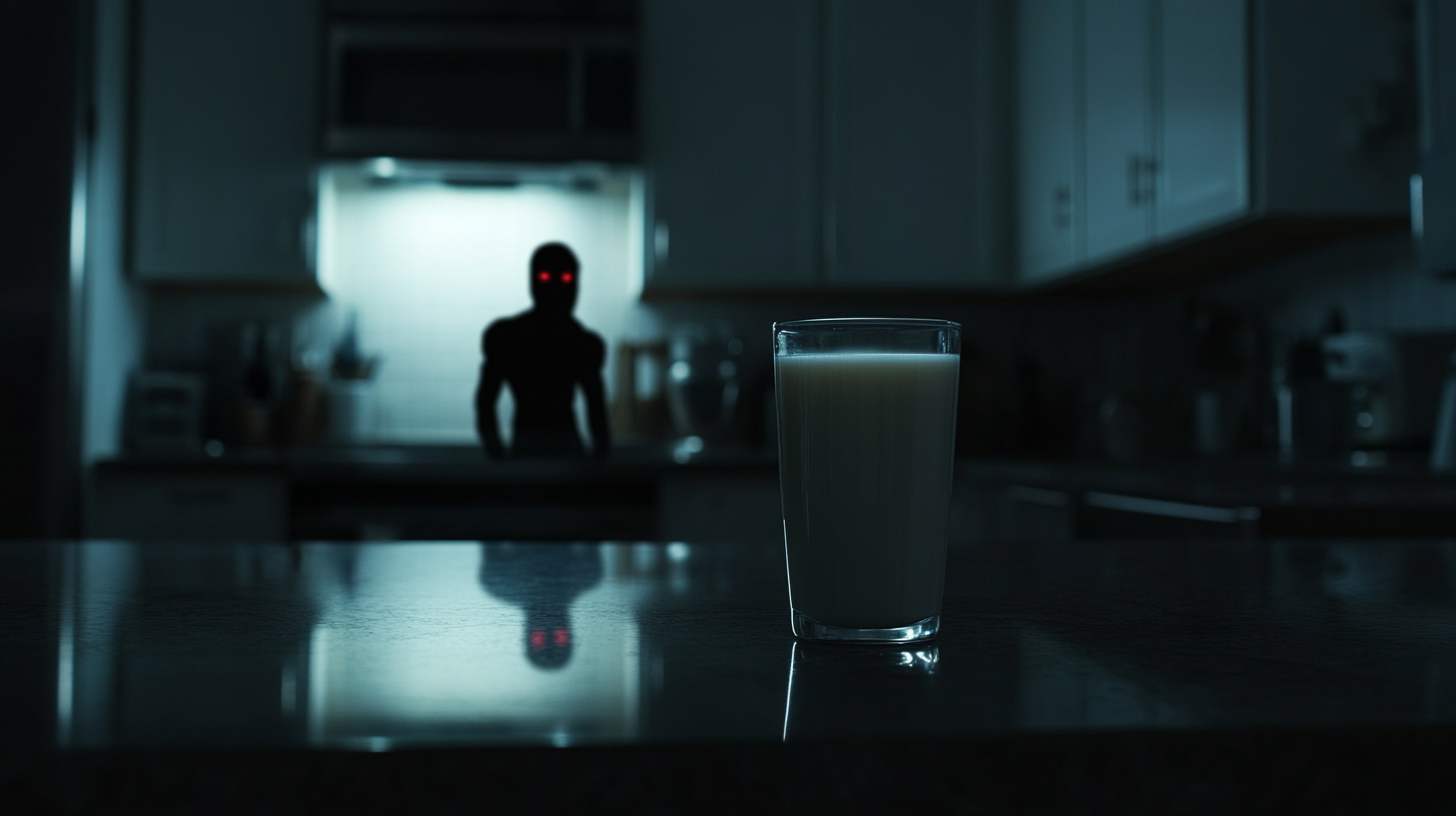 Dark kitchen, glowing glass of milk, shadowy Homelander