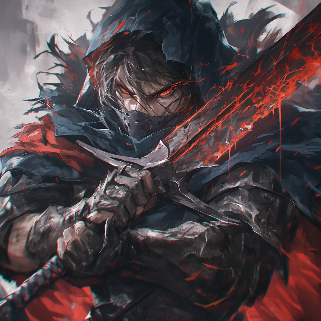 Dark knight with large sword, anime style artwork.