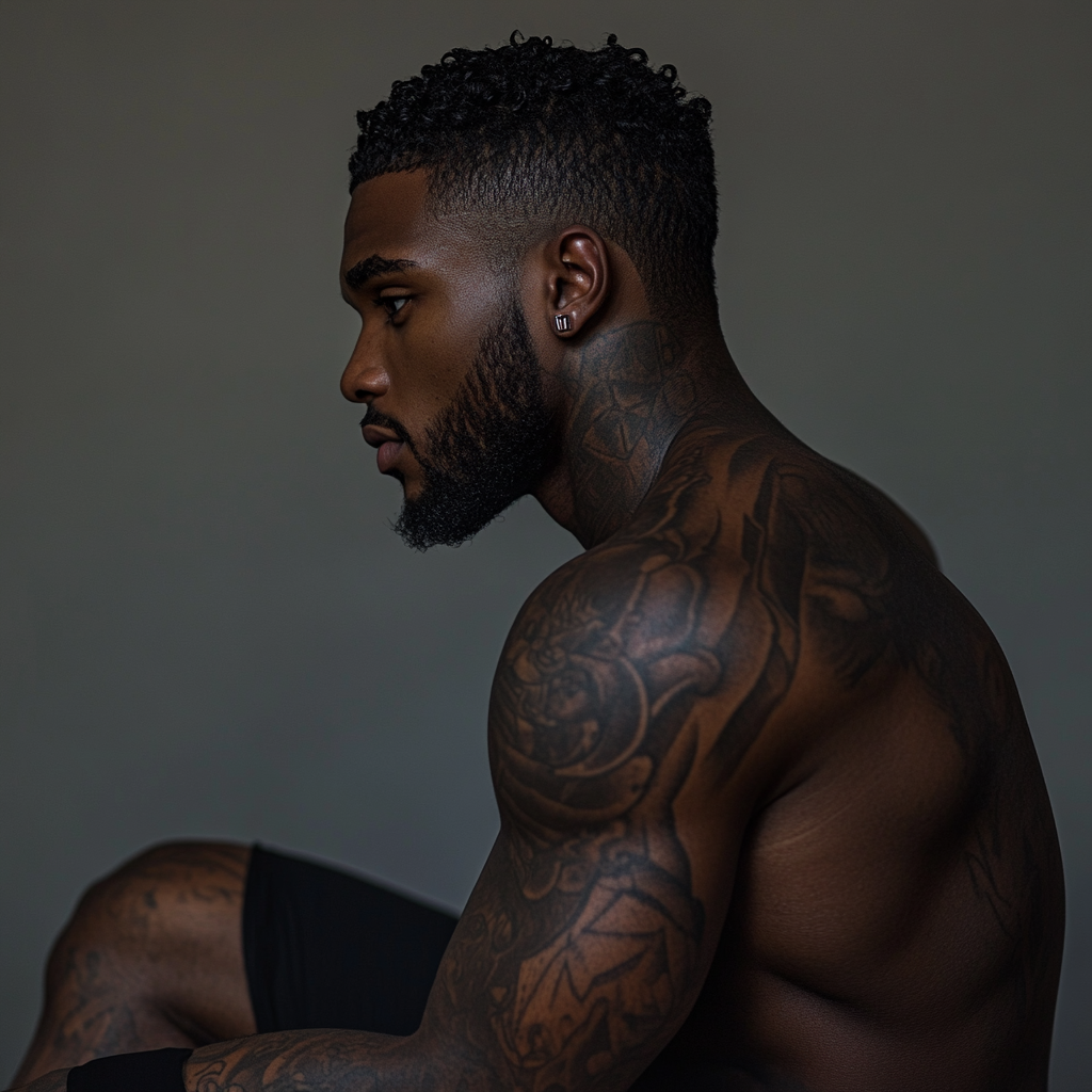 Dark-skinned man with tattoos and sharp edge up sitting.