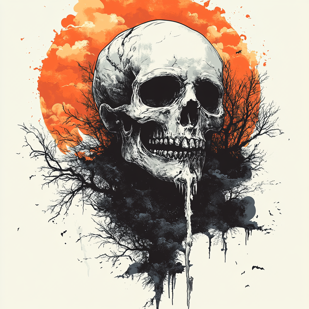 Dark skulls, graffiti, slogans blend in rebellious t-shirt design.