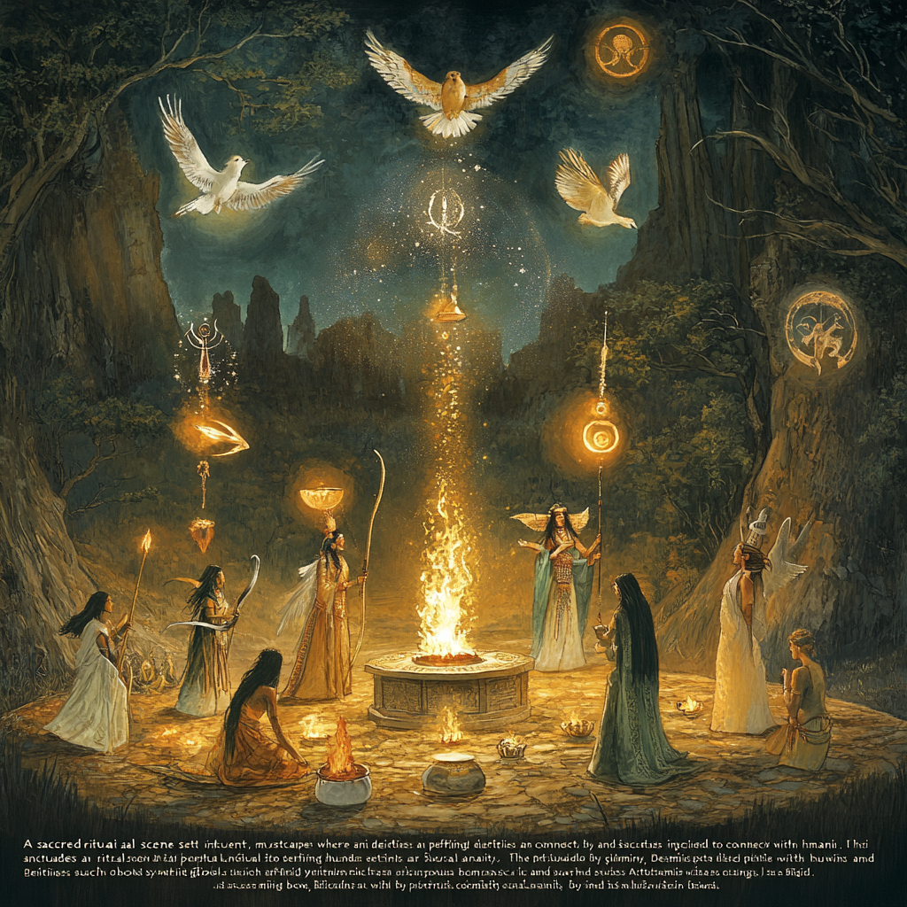 Deities performing ritual in mystical landscape, connected with humanity.