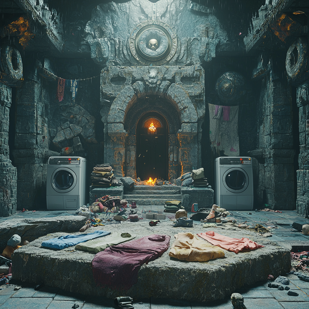 Deity altar with socks, ancient washing machines, mystical ambiance.