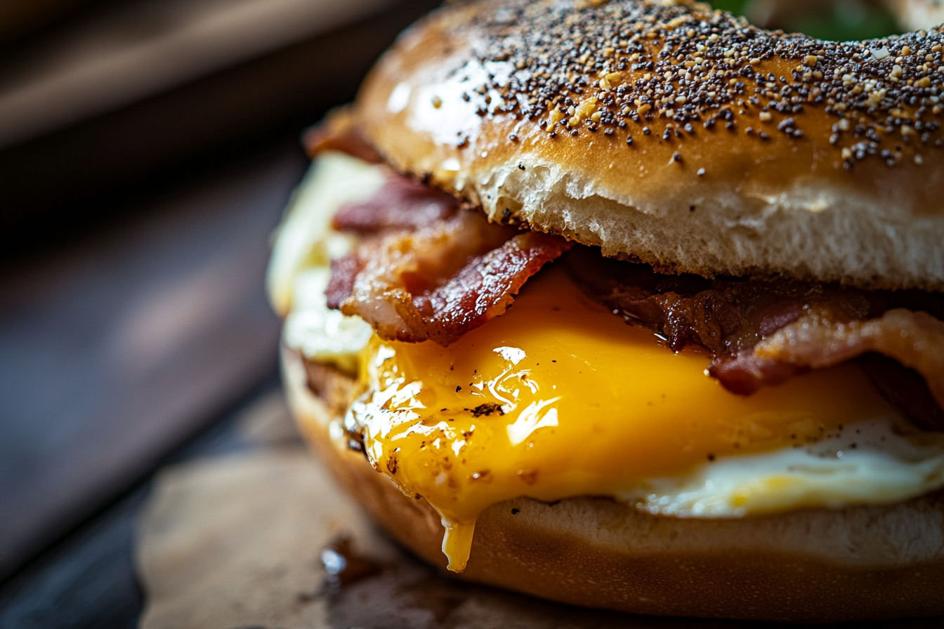 Delicious breakfast sandwich with egg, bacon, and cheese.