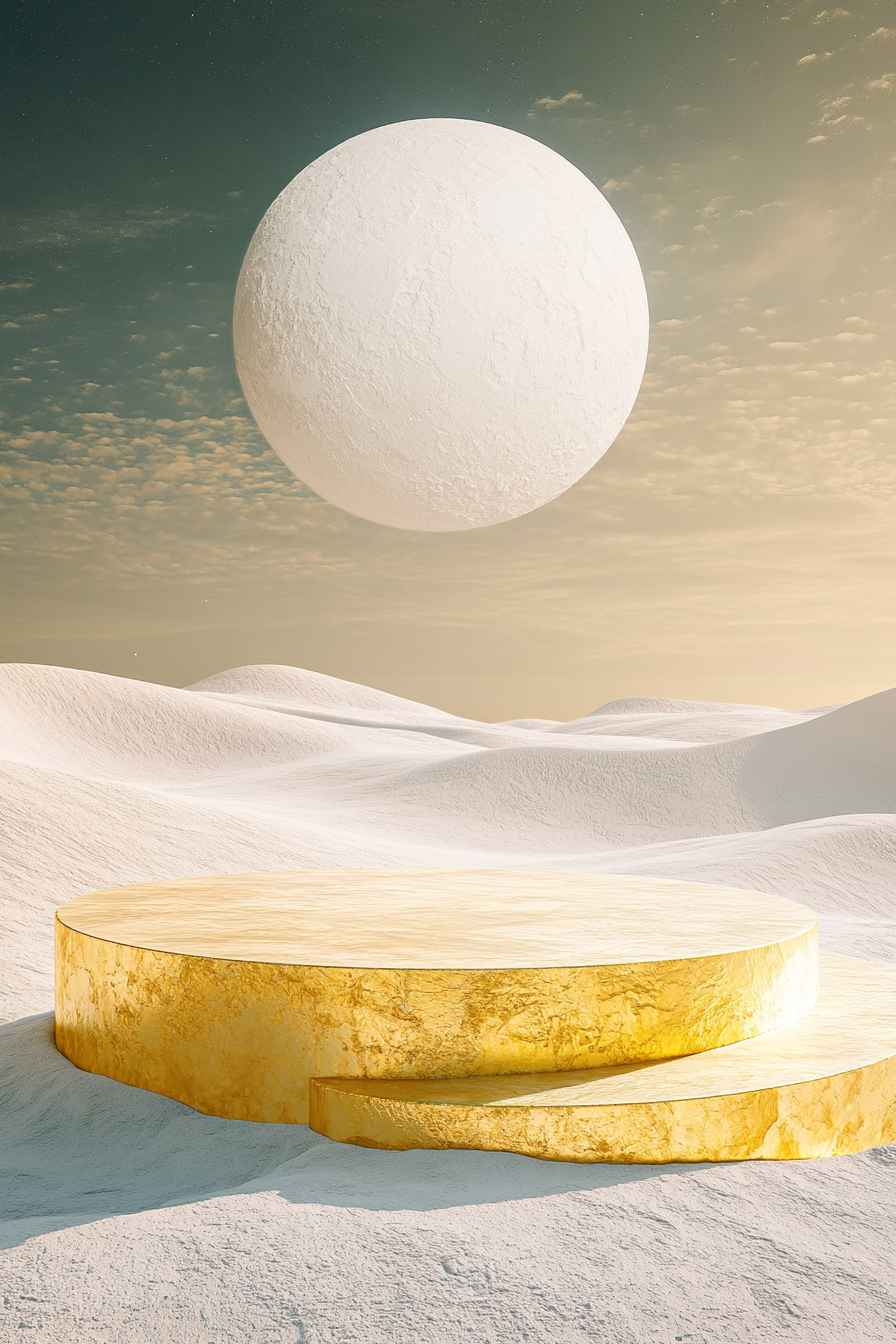 Desert dune with yellow crystal platform under cosmic sky.